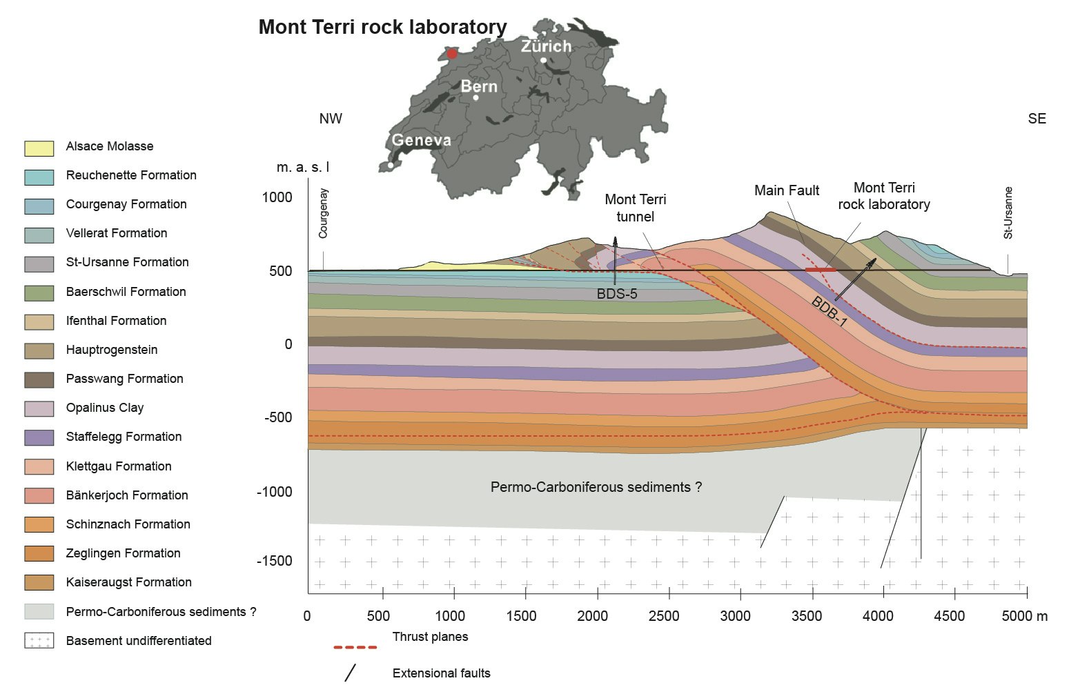 Geologisches Profil durch die Mont Terri Antiklinale mit der Lage des Felslabors und den wichtigsten Tiefbohrungen BDS-5 und BDB-1