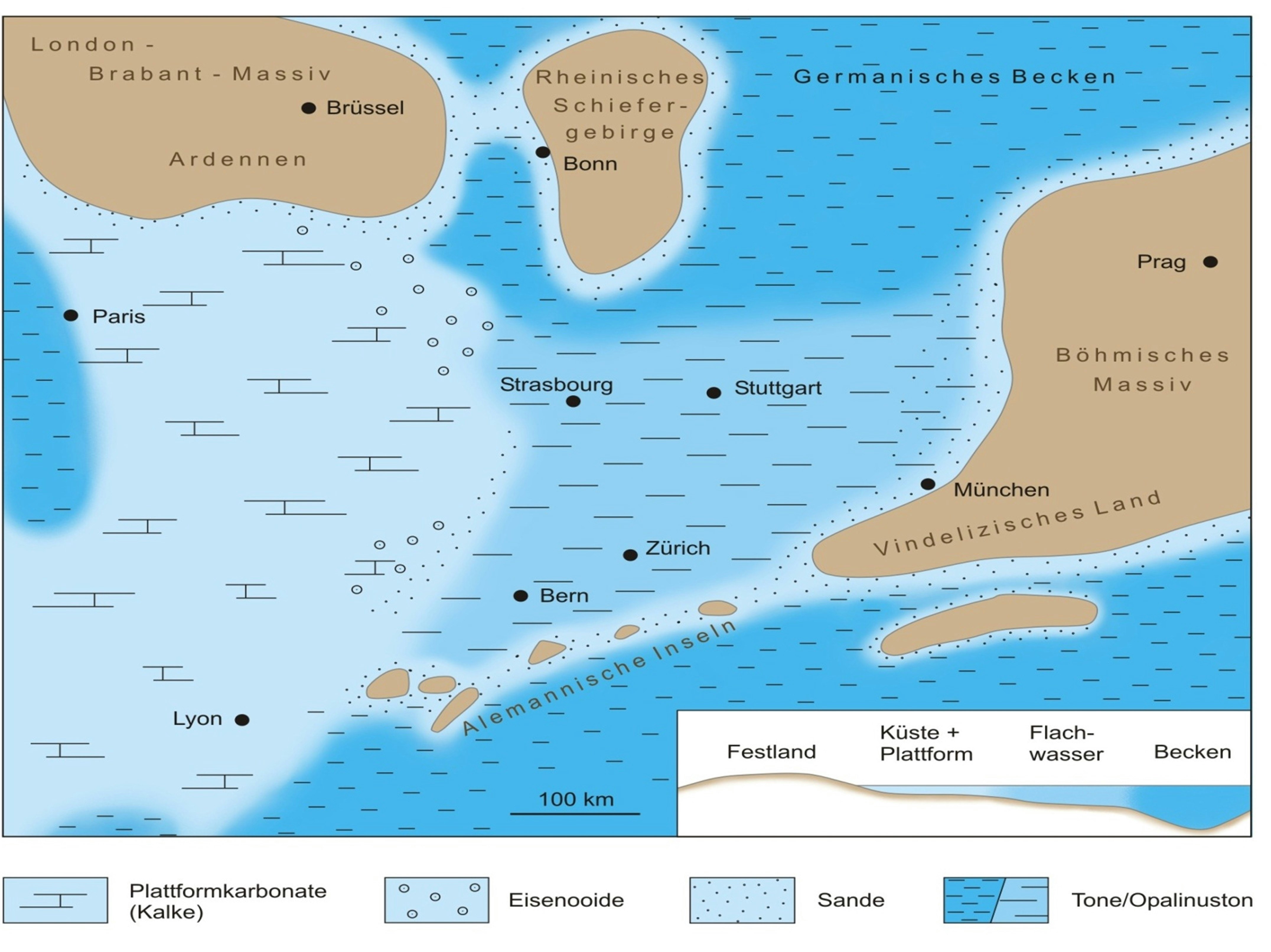 Palaeographic distribution of land and sea at the time of deposition of the Opalinus Clay, ca. 174 Ma (million years ago). Mainly carbonates precipitataed in the shallow water zones, clays formed in deeper, basinal zones. Sand occurs in areas closer to land masses.